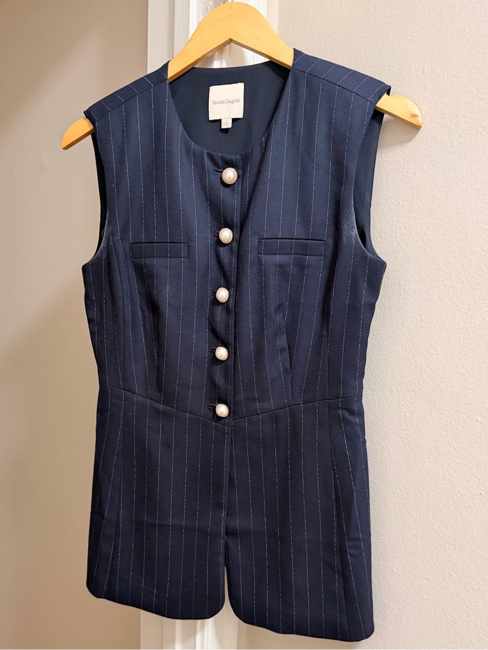 Navy Pinstripe Sleeveless Dress with Pearl Buttons - Favorite Daughter